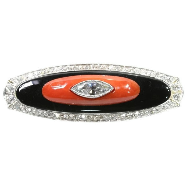 Art Deco bar brooch with diamonds coral and onyx